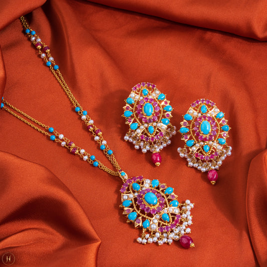 21K Yellow Gold Pakistani Pear Floral Multi-Gemstone Necklace Set