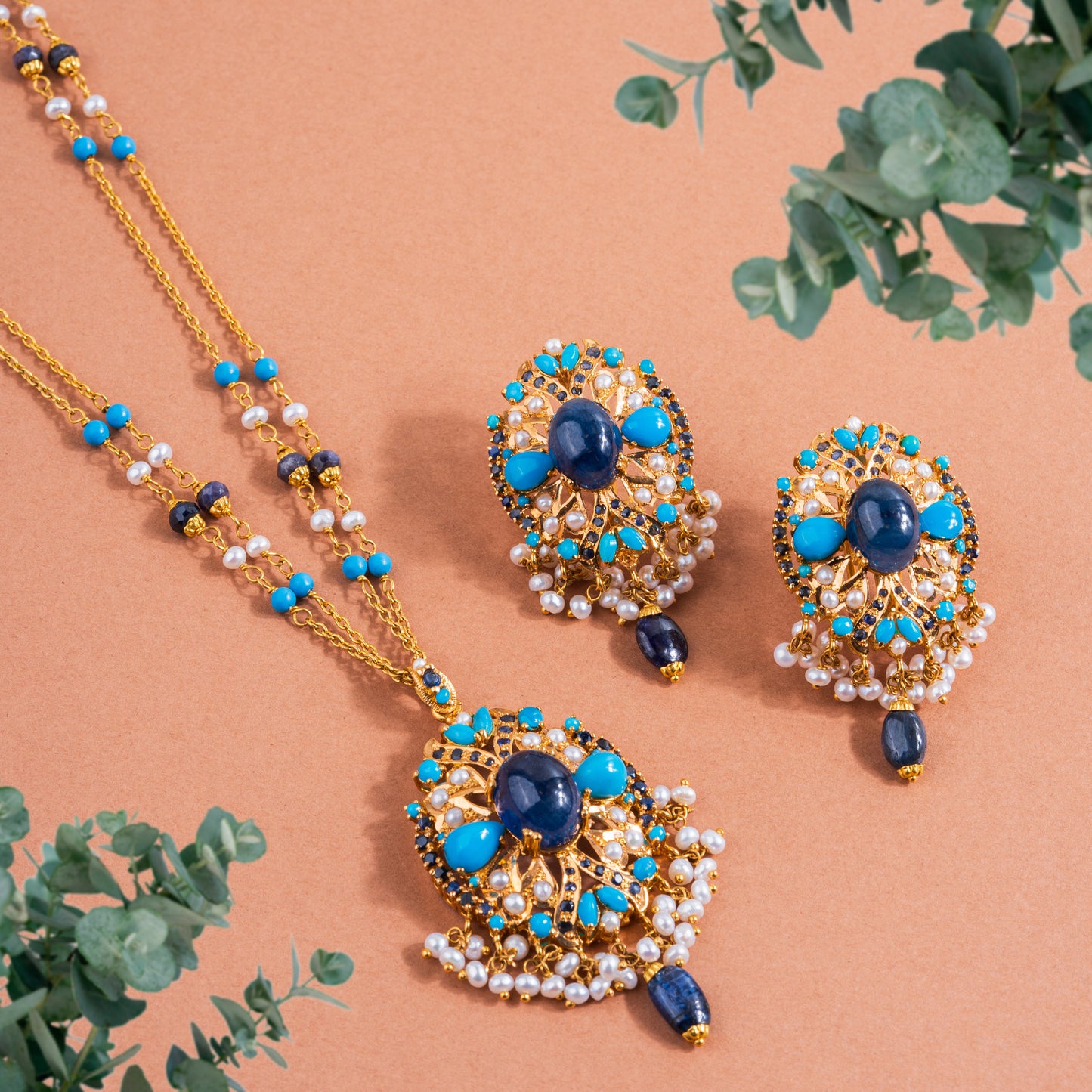 21K Yellow Gold Pakistani Pear Floral Sapphire Necklace Set