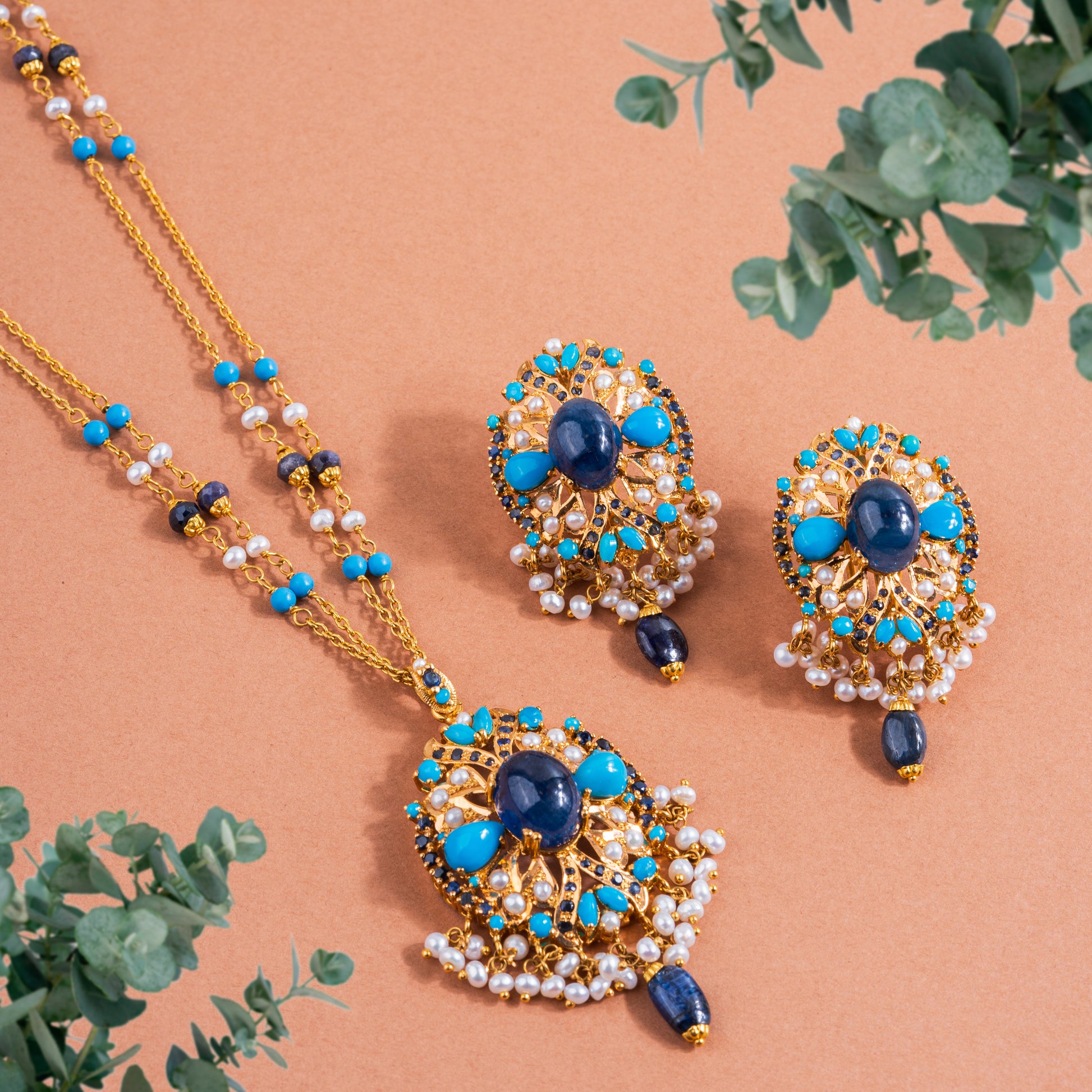 21K Yellow Gold Pakistani Pear Floral Sapphire Necklace Set