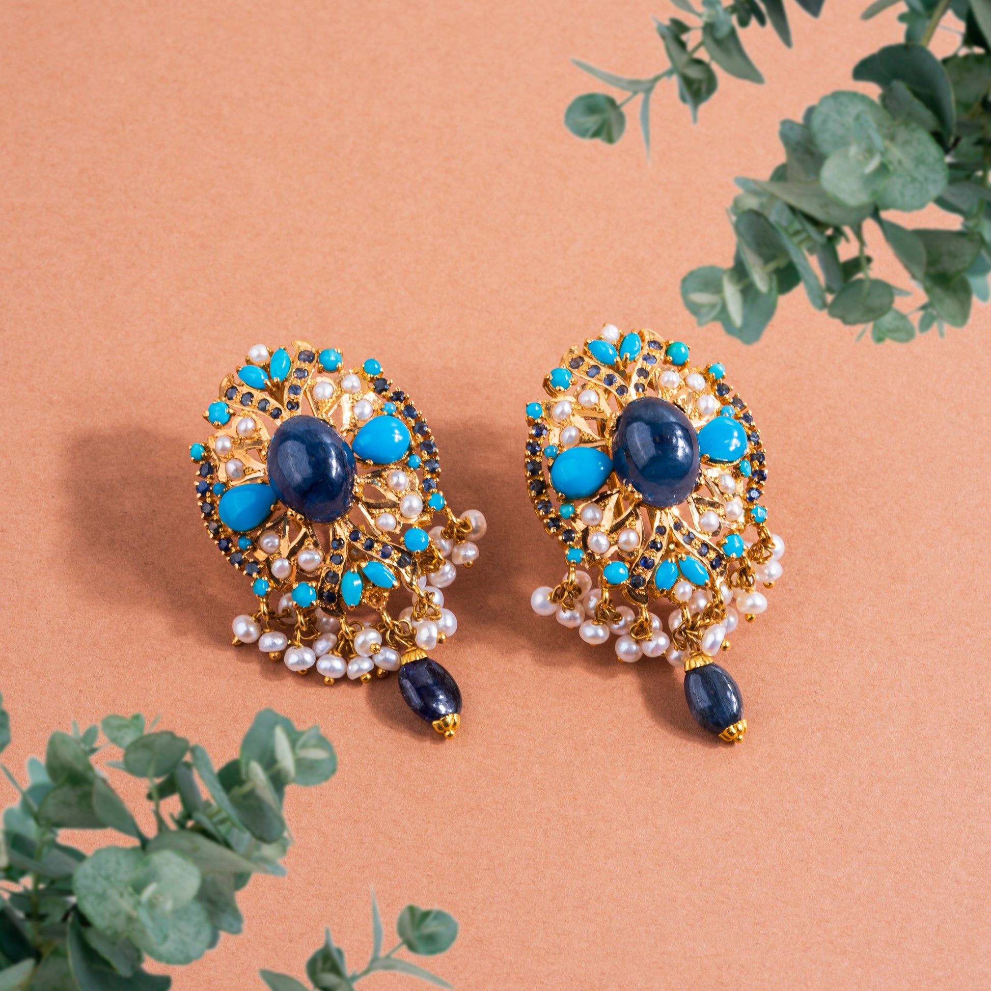 21K Yellow Gold Pakistani Pear Floral Sapphire Necklace Set