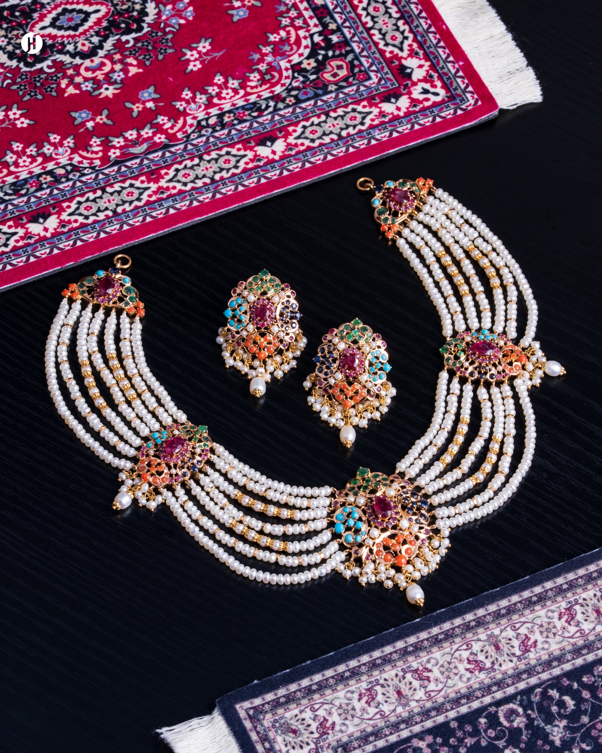 21K Yellow Gold Pakistani Royal Pearl & Gemstone Bridal Choker Set for women in UAE | online Jewellery store In UAE