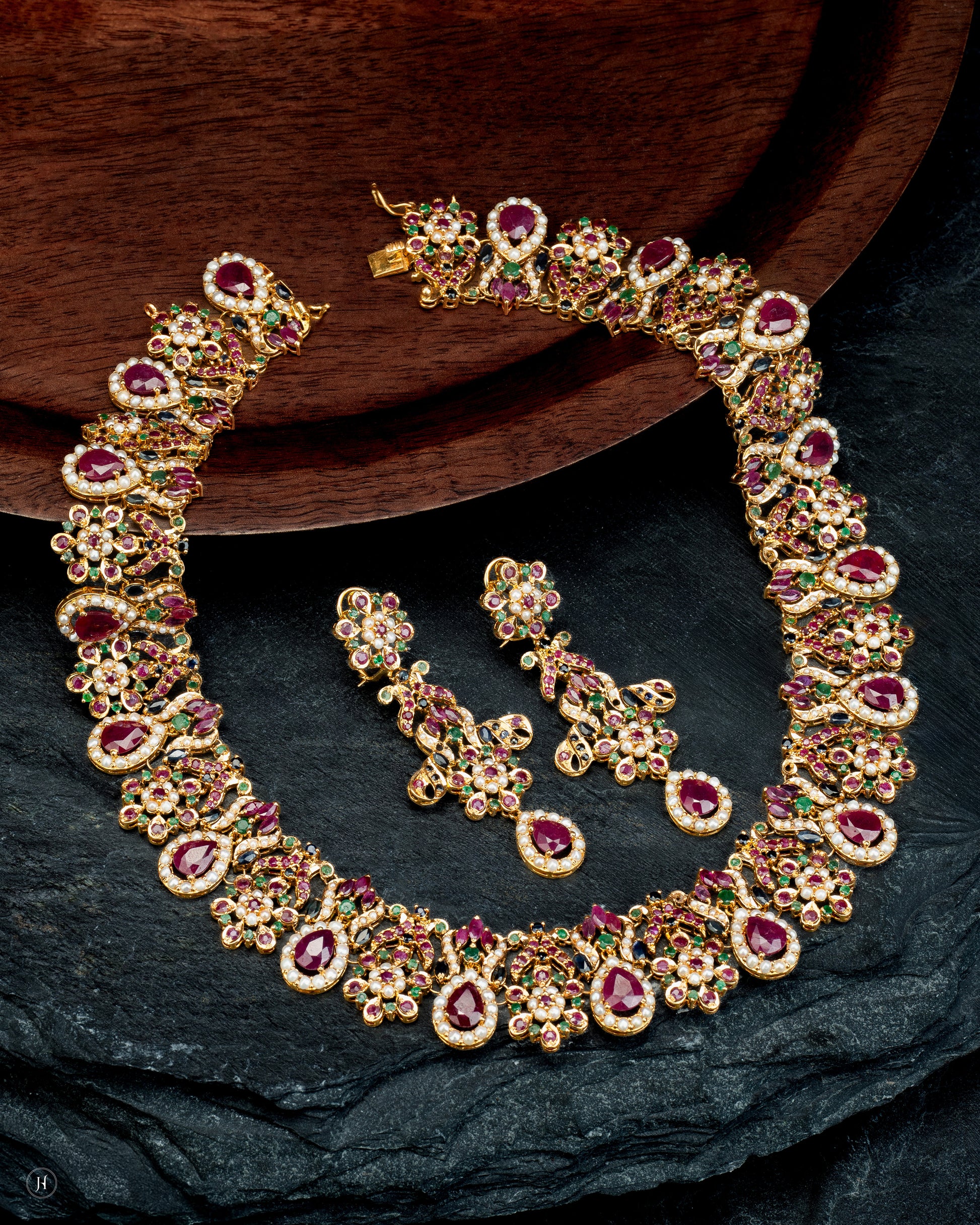 21K Yellow Gold Pakistani Ruby Blossom Necklace Set