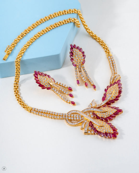 21K Yellow Gold Pakistani Ruby Leaf Gemstone Necklace Set for women in UAE