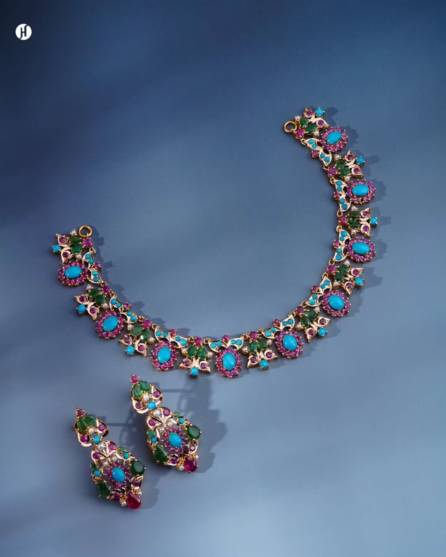 21K Yellow Gold Pakistani Ruby Turquoise & Pearl Floral Necklace Set for Khajeeli.