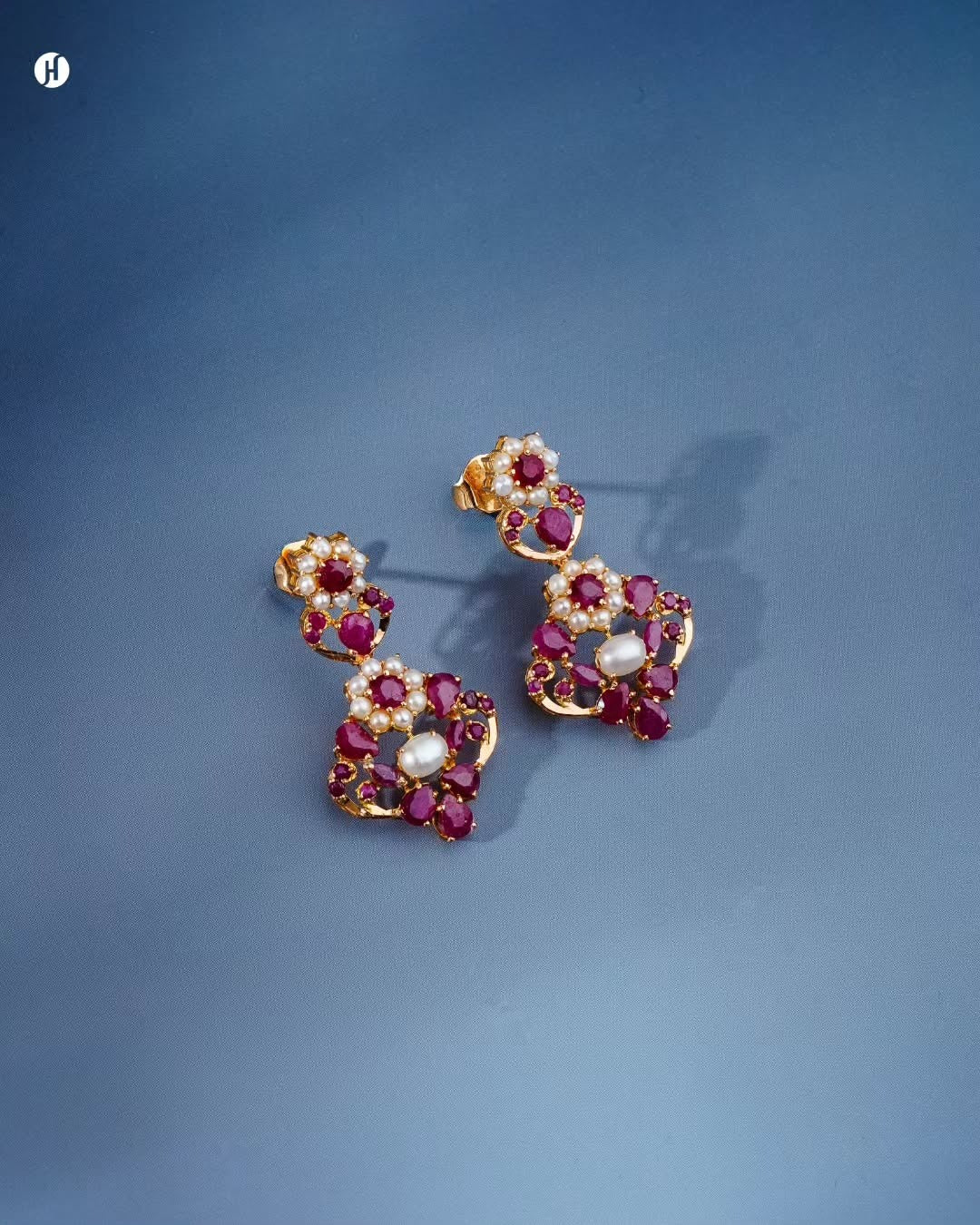 21K Yellow Gold Pakistani Rudy & Pearl Floral Earrings for Ladies