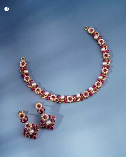 21K Yellow Gold Pakistani Rudy & Pearl Floral Necklace Set