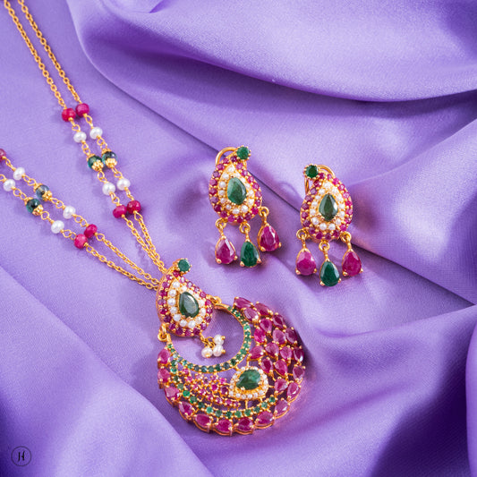21K Yellow Gold Pakistani Teardrop Multi-Gemstone Necklace Set