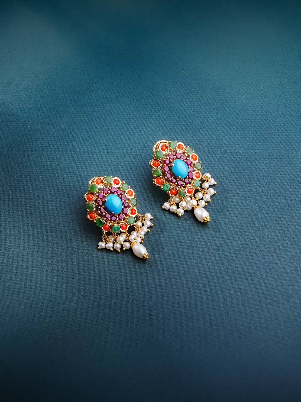 21K Yellow Gold Pakistani Turquoise Ruby  Freshwater Pearl Bridal Earrings for Khaleeji Women.