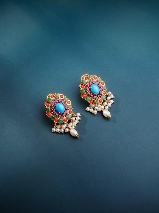 21K Yellow Gold Pakistani Turquoise Ruby  Freshwater Pearl Bridal Earrings for Khaleeji Women.