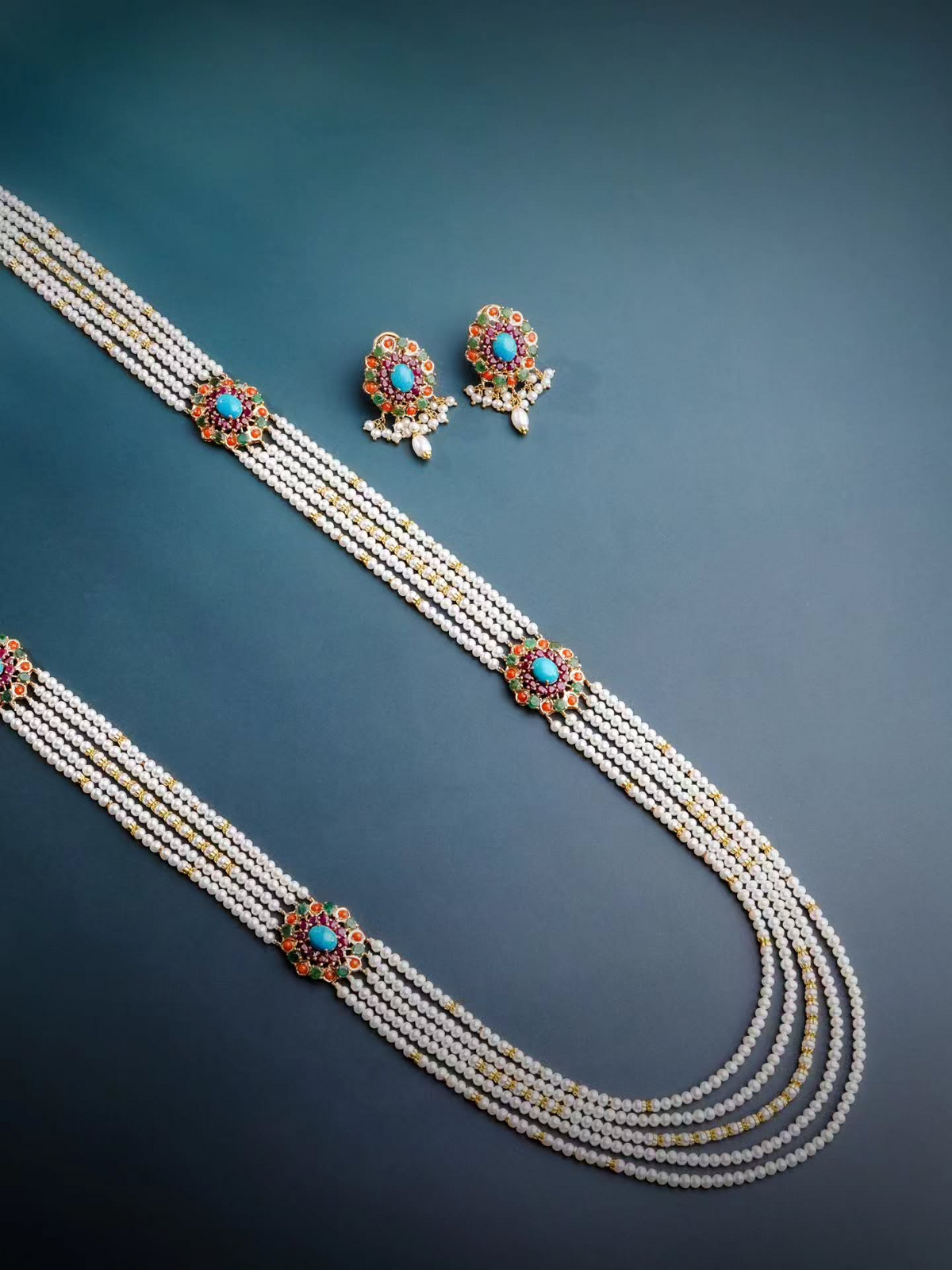 21K Yellow Gold Pakistani Turquoise Ruby  Freshwater Pearl Bridal Necklace Set