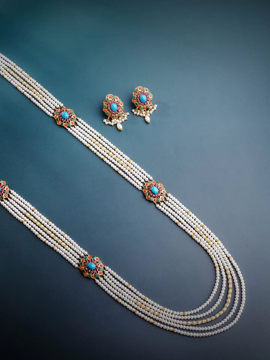 21K Yellow Gold Pakistani Turquoise Ruby  Freshwater Pearl Bridal Necklace Set