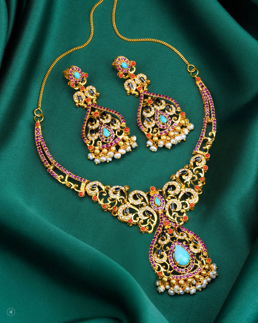21K Yellow Gold Pakistani Turquoise & Ruby Pearl Drop Bridal Necklace Set | Online Jewellery Store in UAE- J.H. Jewellers