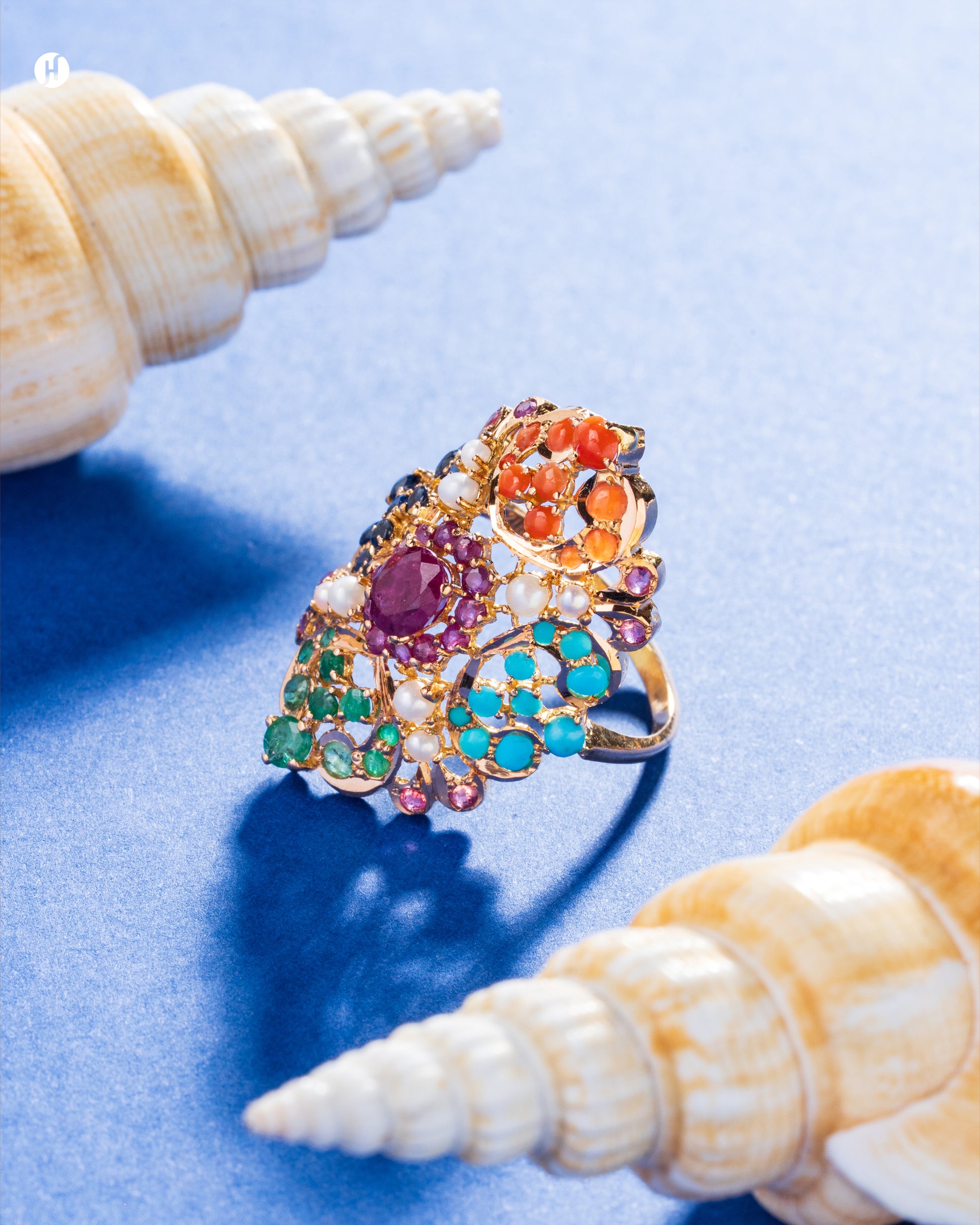 21Karat Yellow Gold Pakistani Wide Floral Ruby & Multi-Gemstone Ring | Online Jewellery Store