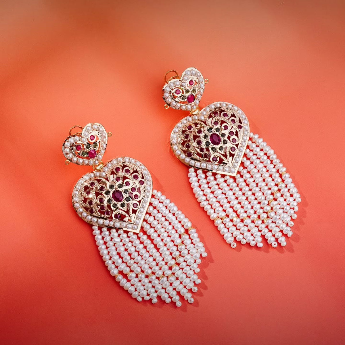 21K gold Pakistani heart drop earrings with freshwater pearls, rubies and emeralds