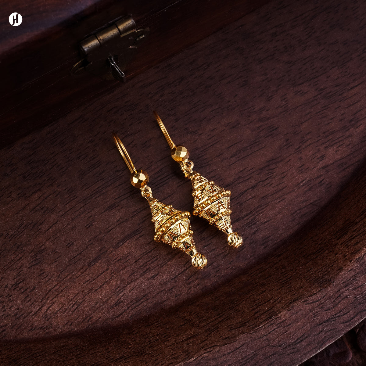 21K yellow gold Bahraini filigree lantern-bead drop earrings