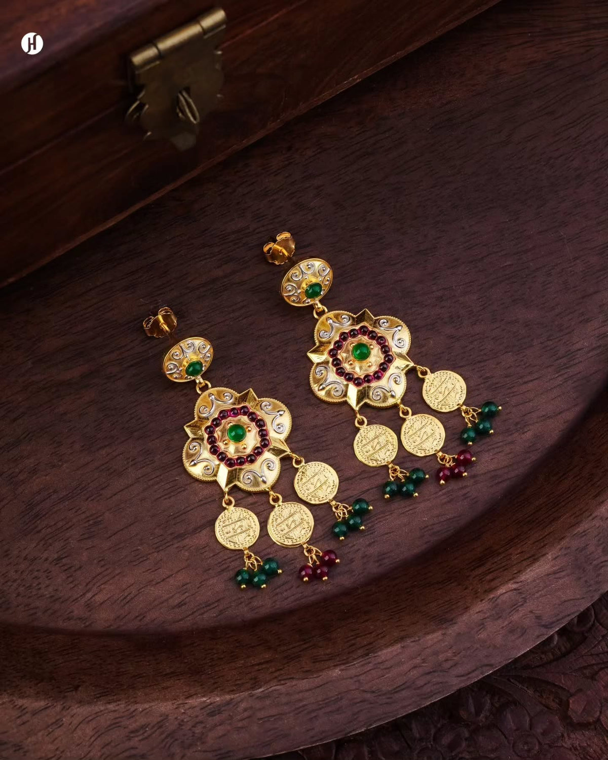 21K yellow gold Bahraini floral drop earrings with ruby and emerald bead drops, matching the necklace set, for Emirati and Khaleeji women, J.H. by Priyansh Jewellery, Dubai, UAE.