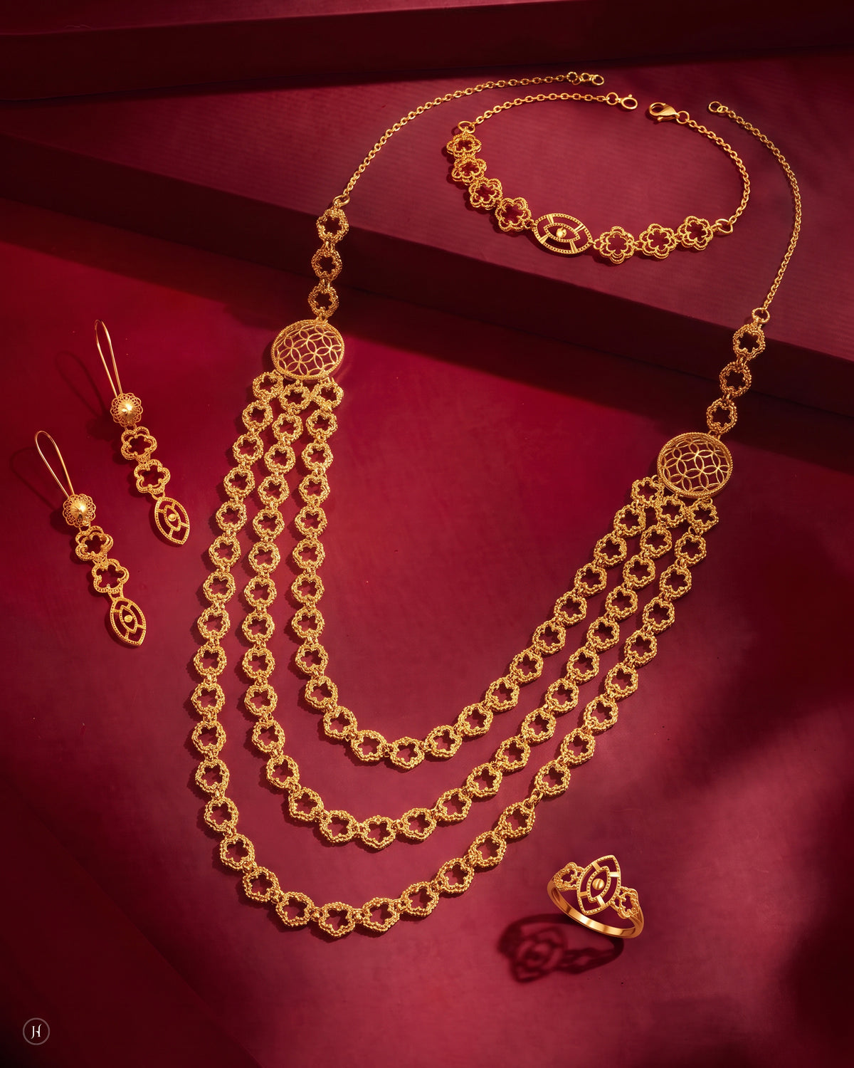 21K yellow gold Bahraini floral lace set with three-layer necklace, earrings, bracelet and ring — JH Jewellers, UAE