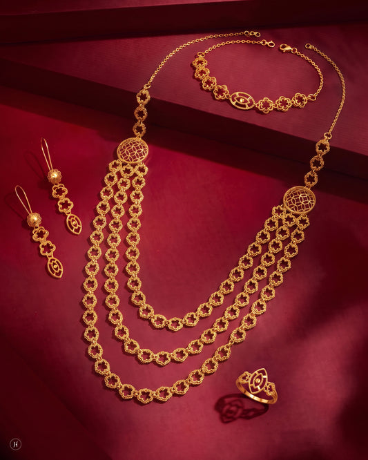 21K yellow gold Bahraini floral lace set with three-layer necklace, earrings, bracelet and ring — JH Jewellers, UAE