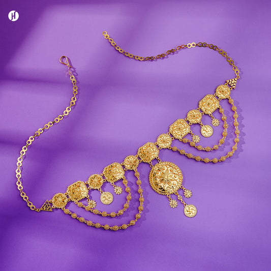 21K yellow gold Bahraini floral medallion choker necklace with graduated flower discs, traditional bridal gold jewellery for Emirati and Khaleeji ladies