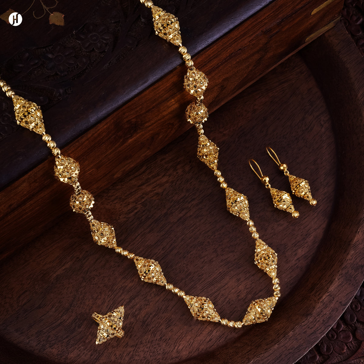 21K yellow gold Bahraini lantern-bead long necklace set with matching drop earrings and ring — JH Jewellers, UAE