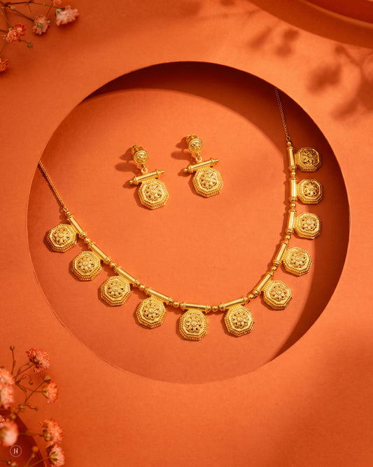 21K yellow gold Bahraini octagon floral necklace set with matching drop earrings — JH Jewellers, UAE