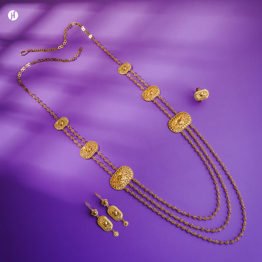 21K yellow gold Bahraini oval medallion bridal set with long necklace, drop earrings and ring, loved by Emirati and Khaleeji ladies — JH Jewellers, Dubai, UAE