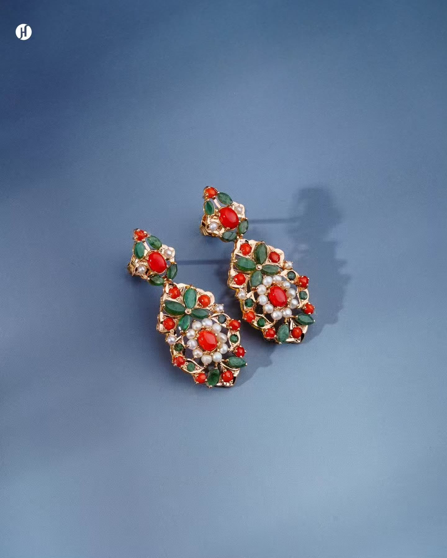 21K yellow gold Pakistani coral, emerald and pearl teardrop chandelier drop earrings — Pakistani bridal jewellery, Dubai, UAE.