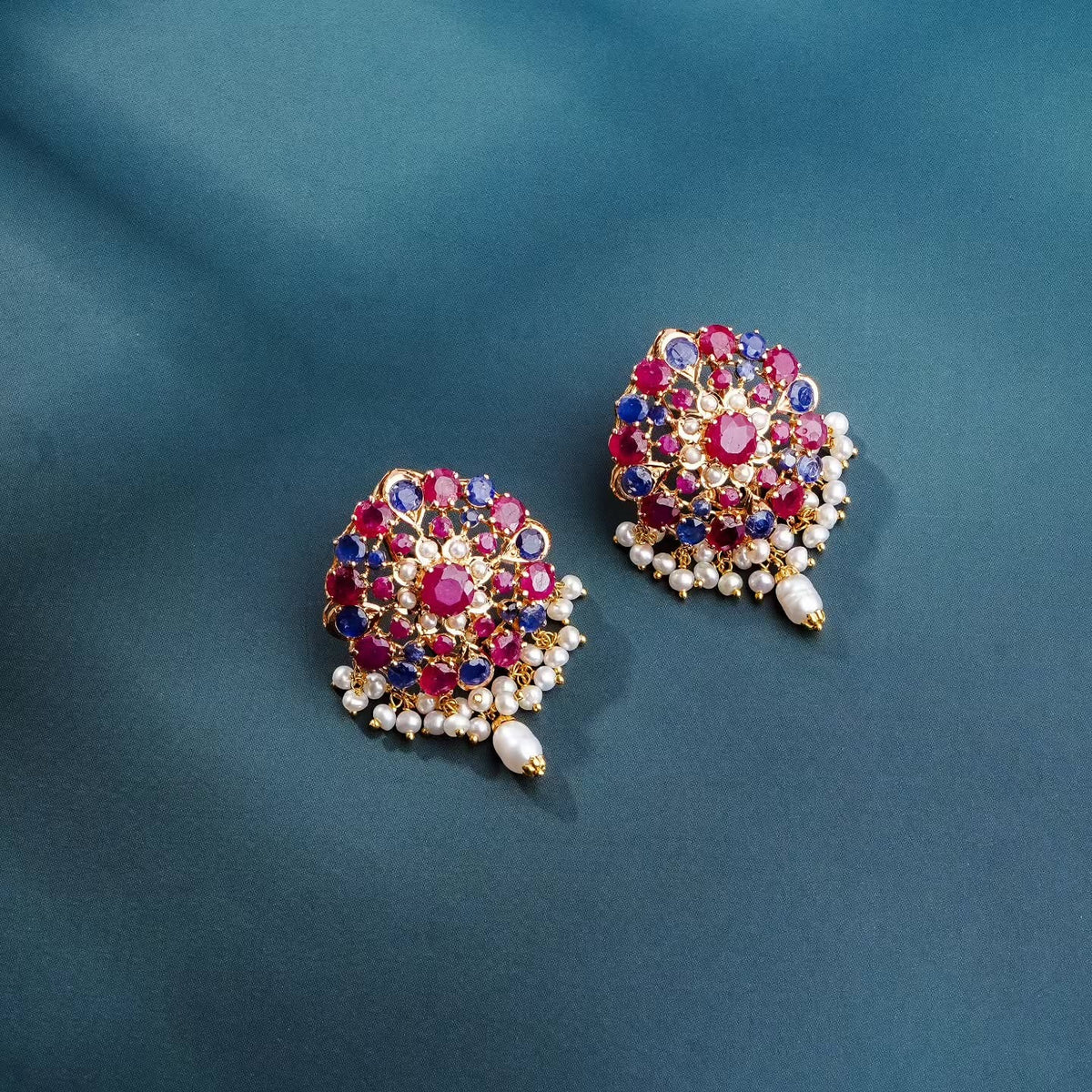  21K yellow gold Pakistani freshwater pearl earrings with ruby and blue sapphire stones