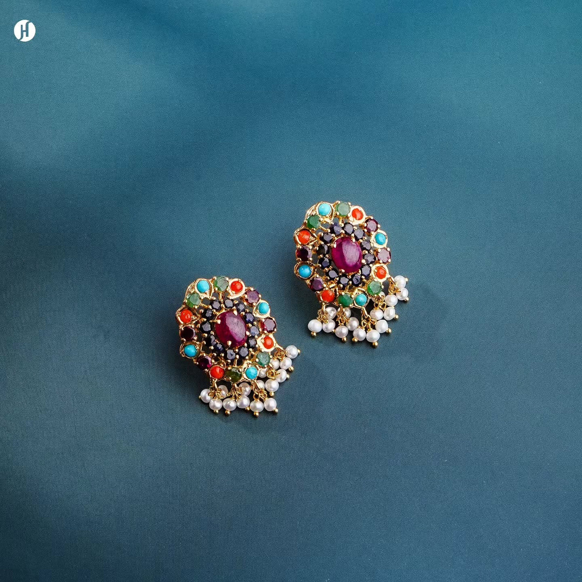 21K yellow gold Pakistani freshwater pearl earrings with ruby, emerald, sapphire and turquoise stones