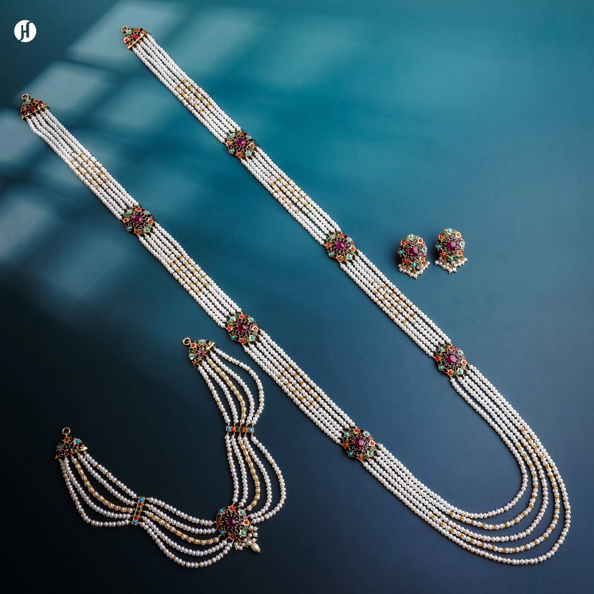 21K yellow gold Pakistani multi-gemstone bridal set with ruby, emerald, sapphire, turquoise and freshwater pearls — JH Jewellers, UAE