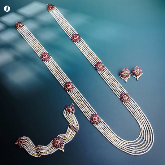 21K yellow gold Pakistani ruby and sapphire bridal set with freshwater pearls, long necklace, choker and earrings — JH Jewellers, UAE