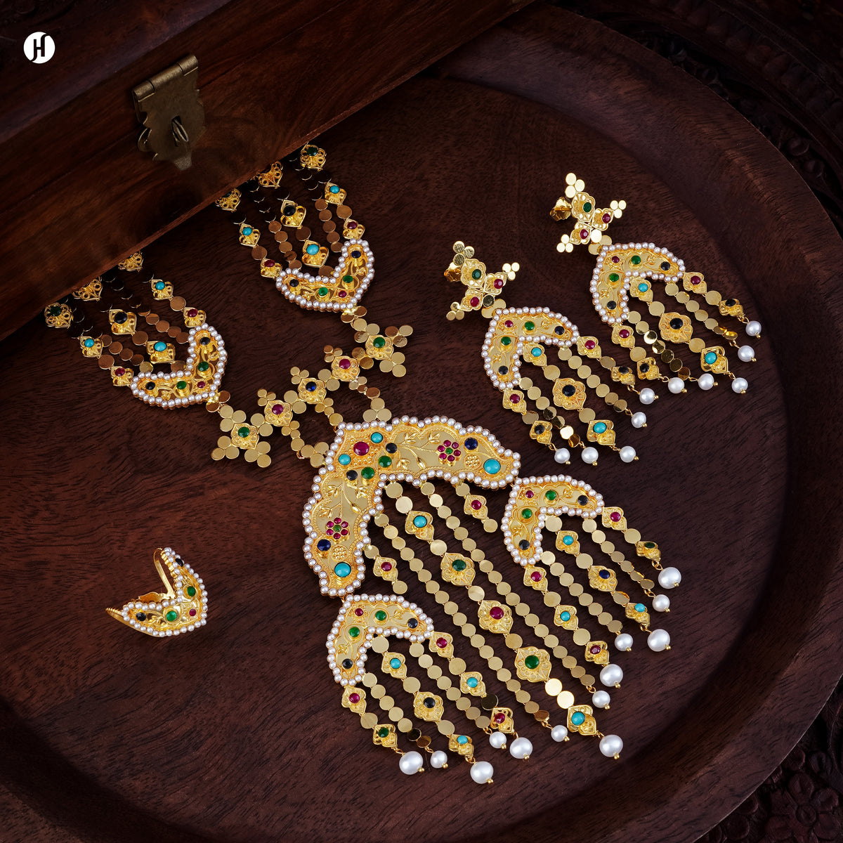 21K yellow gold multi-gemstone long bridal set with necklace, earrings and ring, loved by Emirati and Khaleeji ladies — JH Jewellers, Dubai, UAE