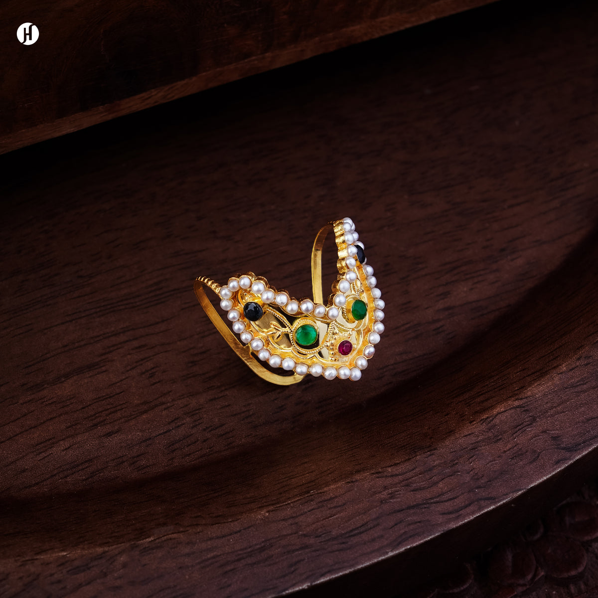 21K yellow gold multi-gemstone pearl-framed ring with ruby, emerald, sapphire and turquoise, traditional Khaleeji gold jewellery for Emirati ladies