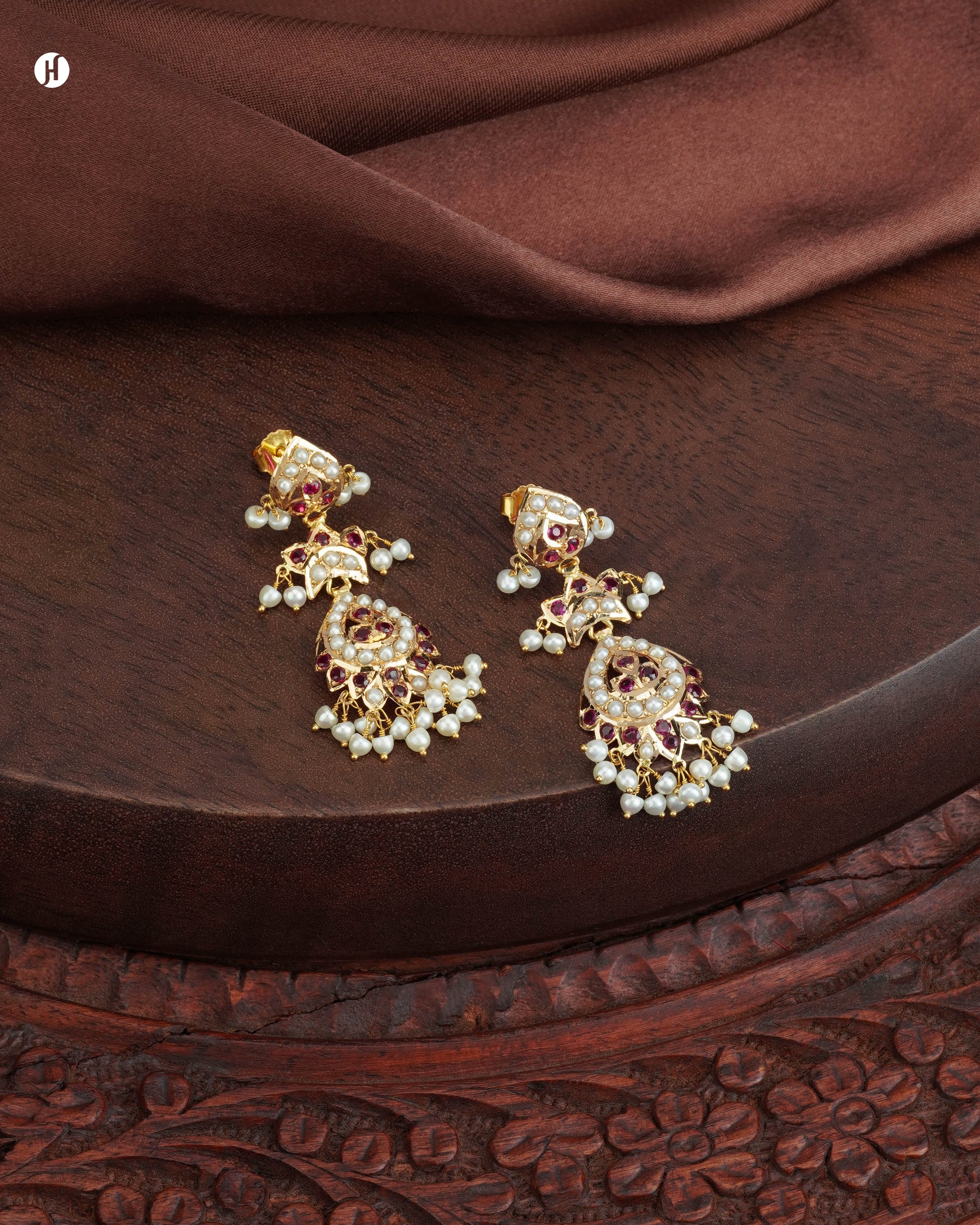 21Karat Gold Pakistani Chandbali Earrings with Ruby & Pearl Drops for Arab ladies | أقراط تشاندبالي باكستانية من الذهب عيار 21 قيراطًا مرصعة بالياقوت واللؤلؤ للسيدات العربيات