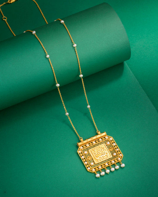 21Karat Yellow Gold Italian made Arabic Calligraphy Pearl Pendant Necklace for ladies in Dubai, UAE
