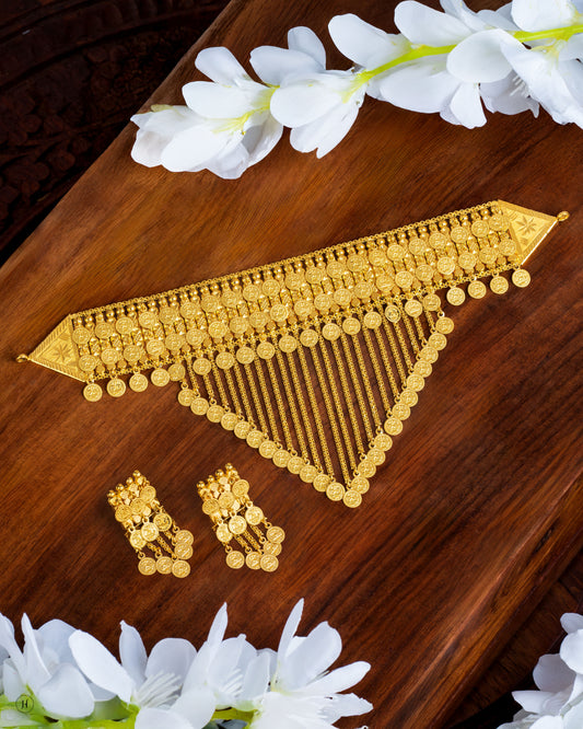 21Karat Yellow Gold Bahraini Coin Dangling V Chain Drops Choker Set for Khaleeji Women | Ramadan gift for Habibti/wife.