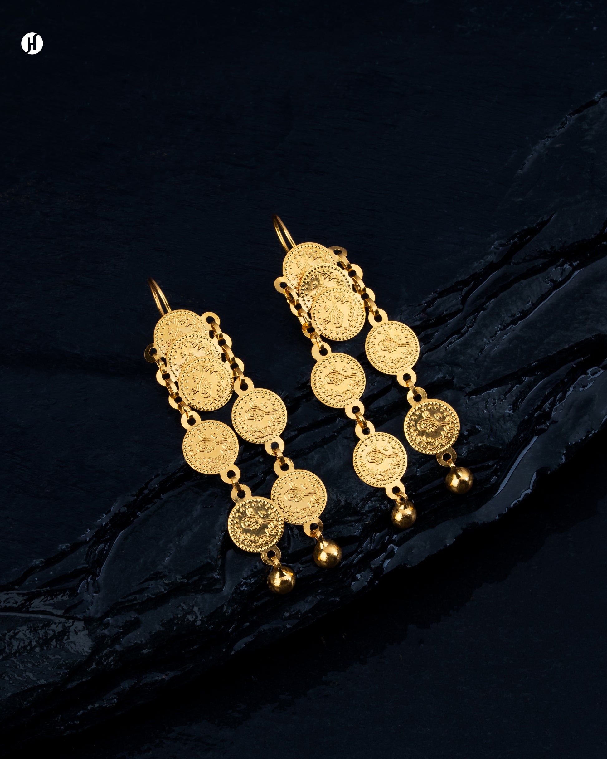 21Karat Yellow Gold Bahraini Coin Waterfall Earrings