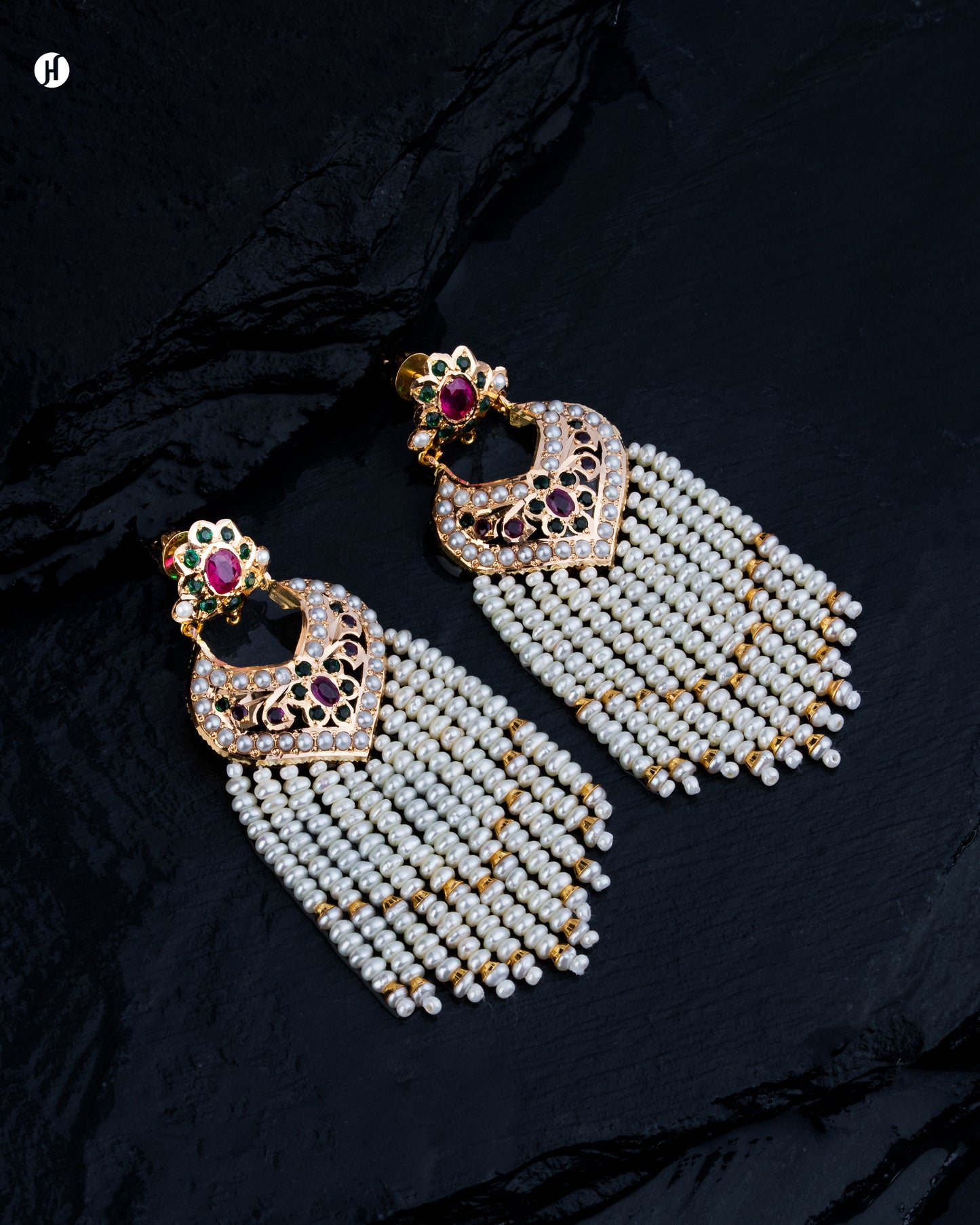 21Karat Yellow Gold Bahraini Crescent Waterfall Pearl Bridal Chandelier Earrings in Sharjah and Dubai.
