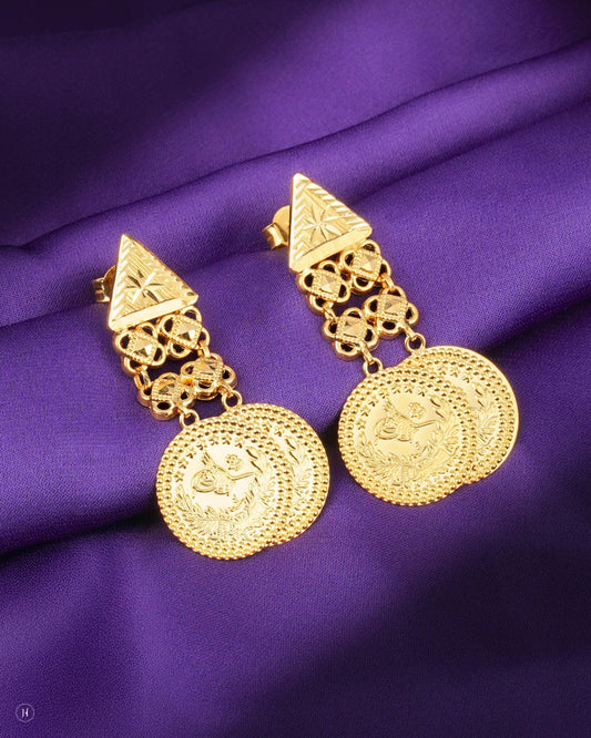 21Karat Yellow Gold Bahraini Dual Coin Drop traditional Earrings | Online Jewellery Store in UAE - J.H Jewellers