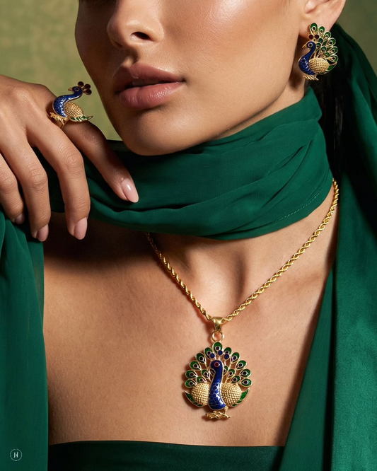 21Karat Yellow Gold Bahraini Enamel Peacock Design Pendant Set for her | Party wear jewellery.