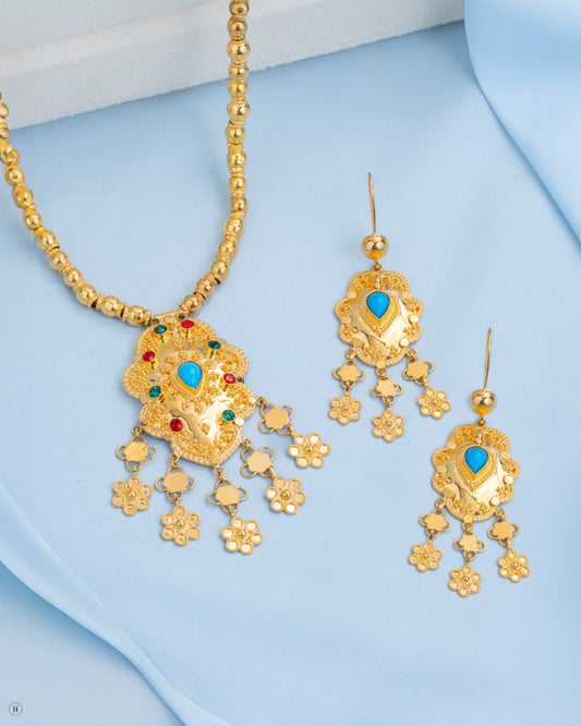 21Karat Yellow Gold Bahraini Floral Necklace Set with Turquoise for Arab women | online jewellery store in UAE