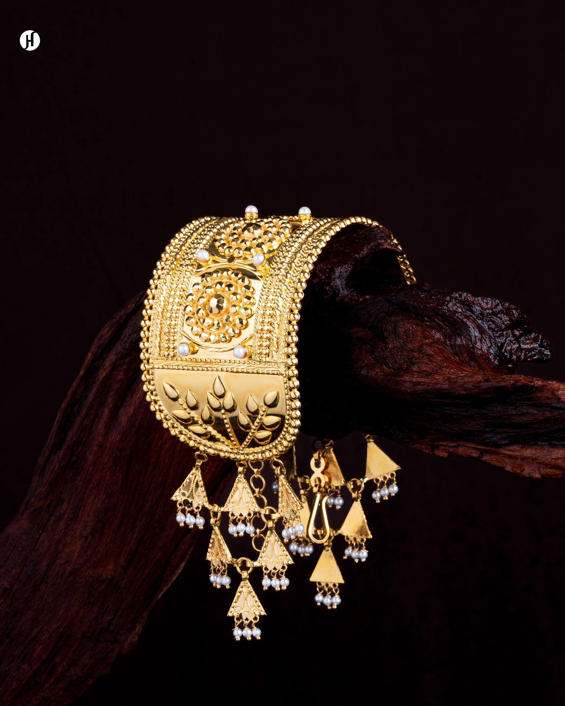 21Karat Yellow Gold Bahraini Floral Wide Open Bangle with Pearls