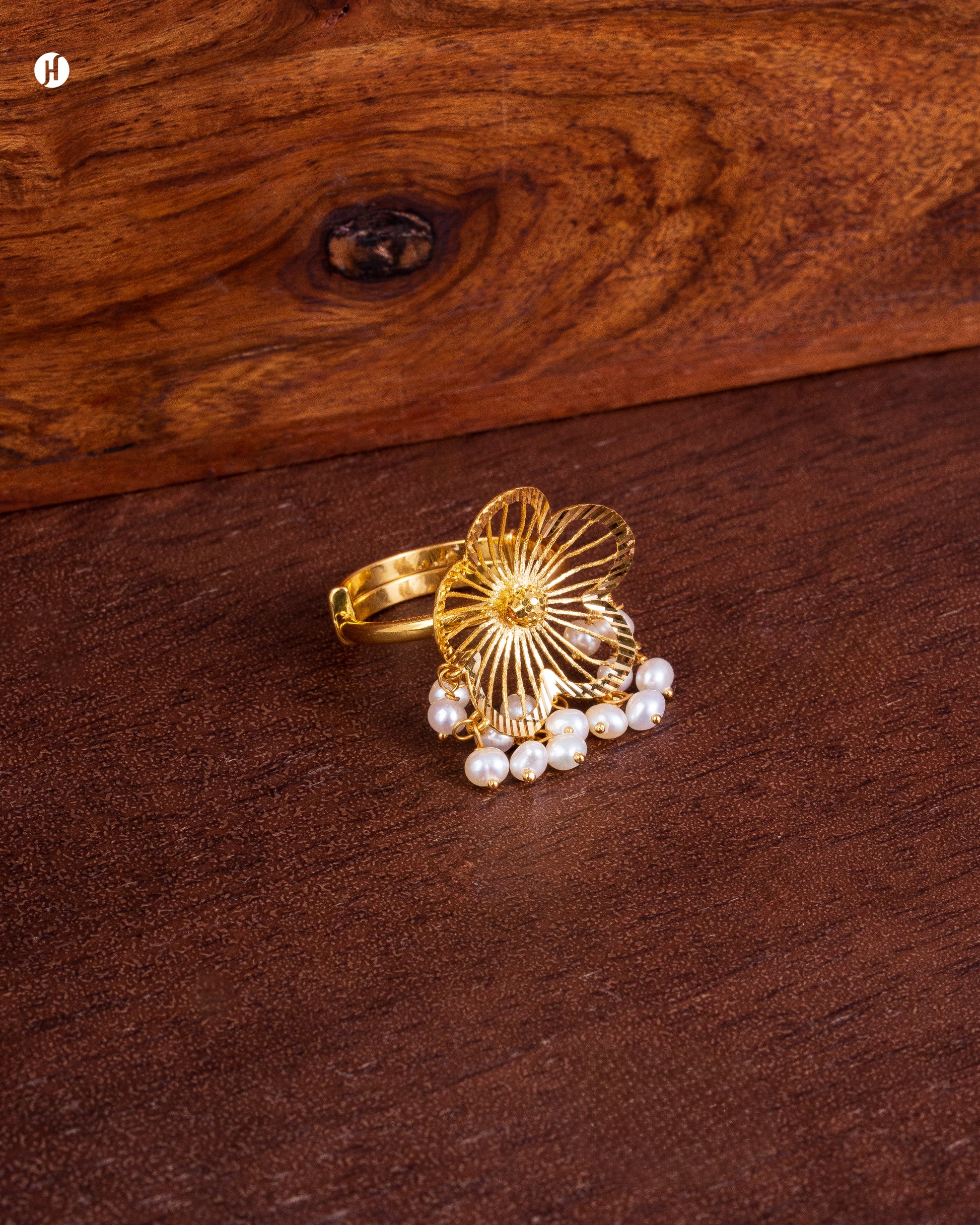 21Karat Yellow Gold Bahraini Flower ring with Pearls for women | online jewellery store in UAE