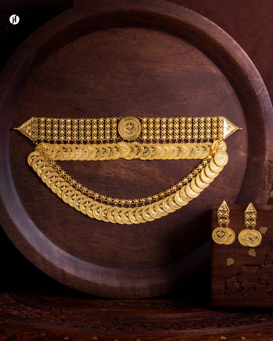 21Karat Yellow Gold Bahraini Layer Lira Coin Bridal Choker necklace set for Ladies | Online jewellery store in UAE