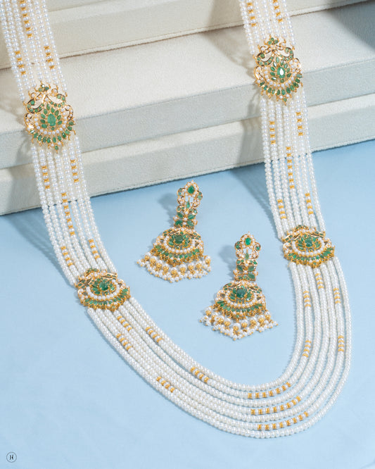 21Karat Yellow Gold Bahraini Long Pearl and Emerald Necklace Set | Online jewellery store in UAE