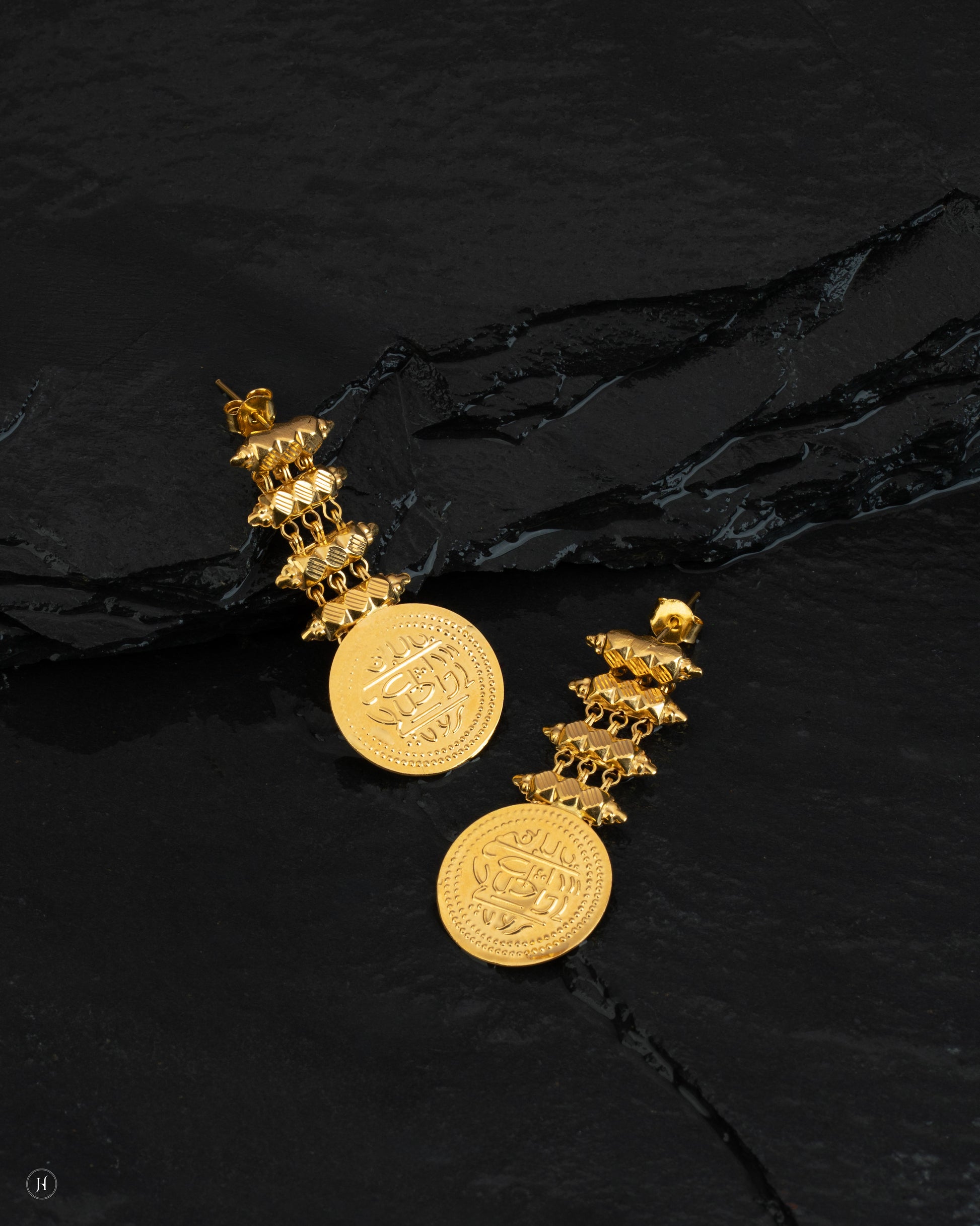 21Karat Yellow Gold Bahraini Majestic Coin Traditional Drop Earrings - J.H Jewellers.