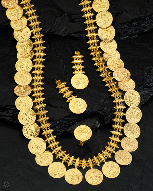 21Karat Yellow Gold Bahraini Majestic Coin Traditional Long Bridal Necklace Set - J.H Jewellers