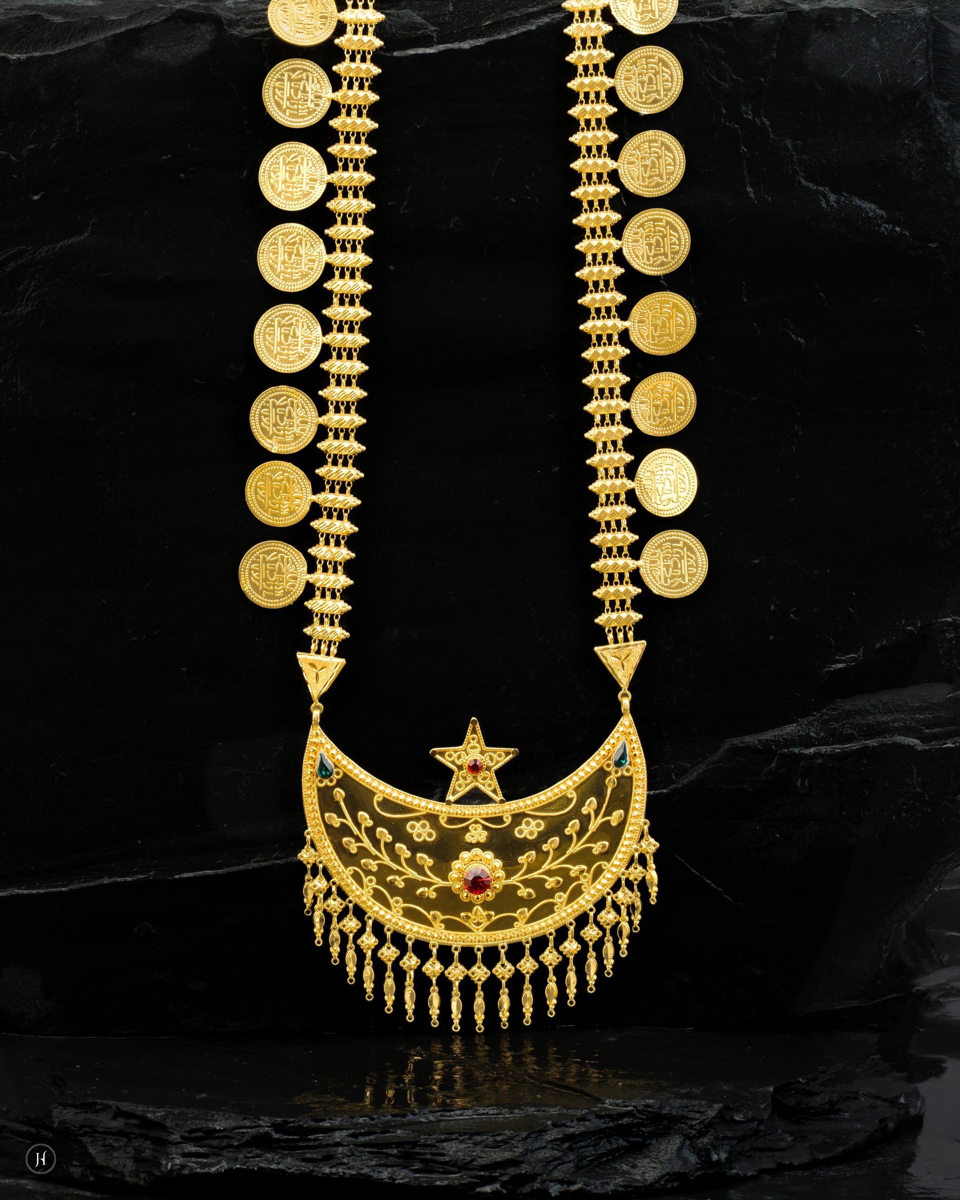 21Karat Yellow Gold Bahraini Majestic Crescent Traditional Long Necklace | Khaleeji Bridal Jewellery in Dubai, UAE - J.H Jewellers.