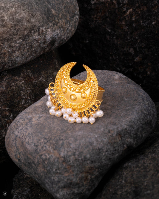21Karat Yellow Gold Bahraini Moon Ring with Pearl Drops for Ladies in UAE