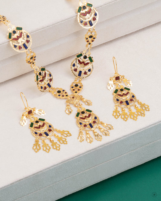 21Karat Yellow Gold Bahraini Open Drop Design Necklace Set for Arab Ladies
